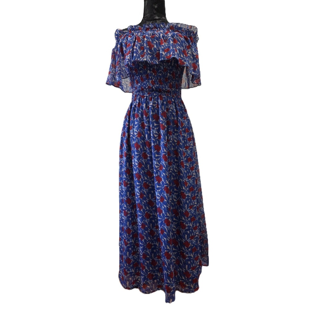 Lucky Brand Midi Dress Rushed Floral Off Shoulder Blue Boho Floral Sze Small
